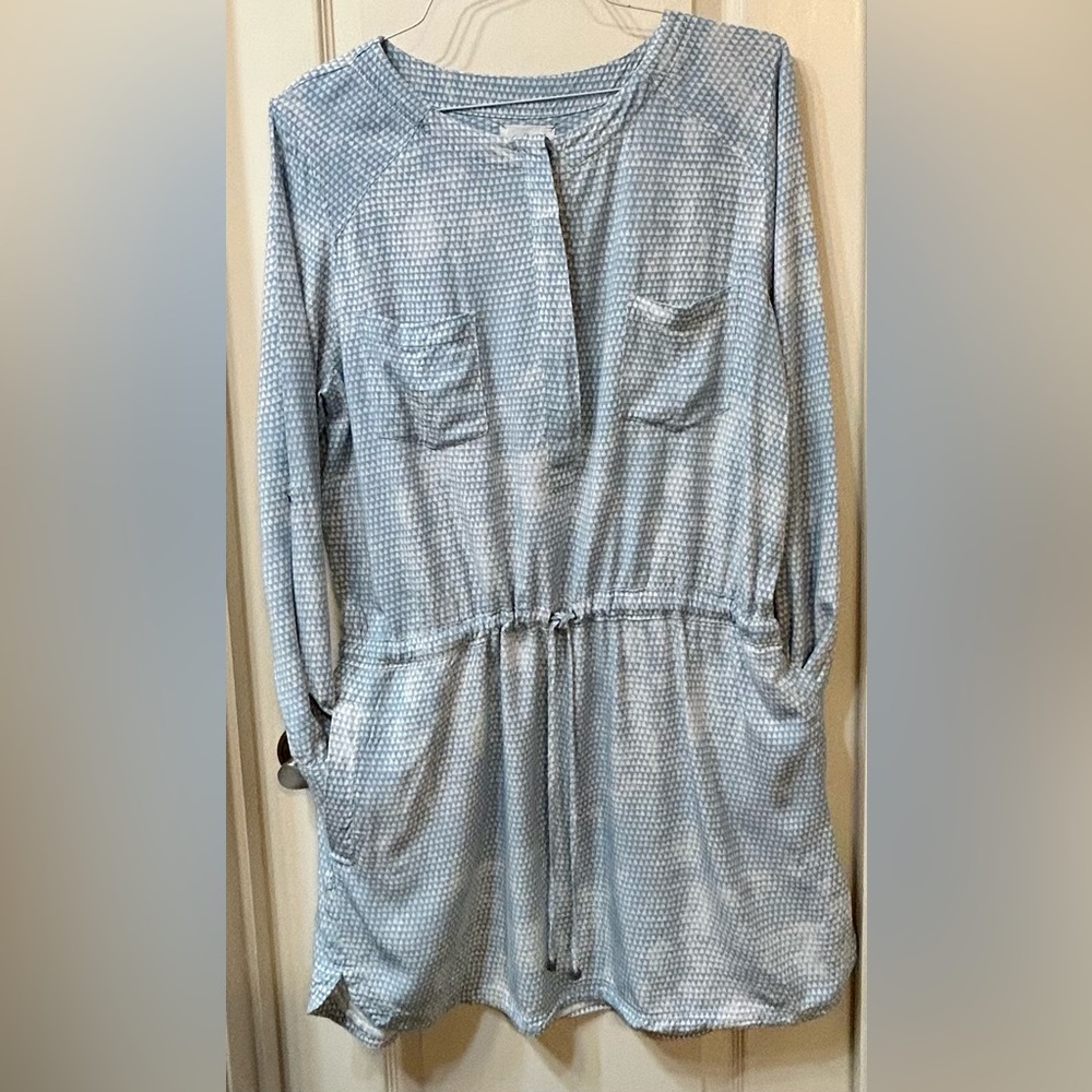 Blue & Grey Long Sleeve Draw-String Waist Mini Patterned Business Casual Dress